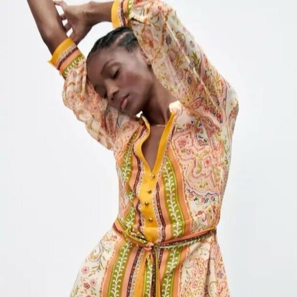 NWOT ZARA Printed Boho Tied Floral Mini Summer Dress Sz S - Picture 2 of 10